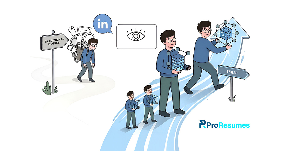 Illustration showing a transition from a “Traditional Degree” path to a “Skills” path, where a person progresses forward carrying skill blocks, symbolizing growth through a skills-first approach, with LinkedIn and visibility icons in the background.