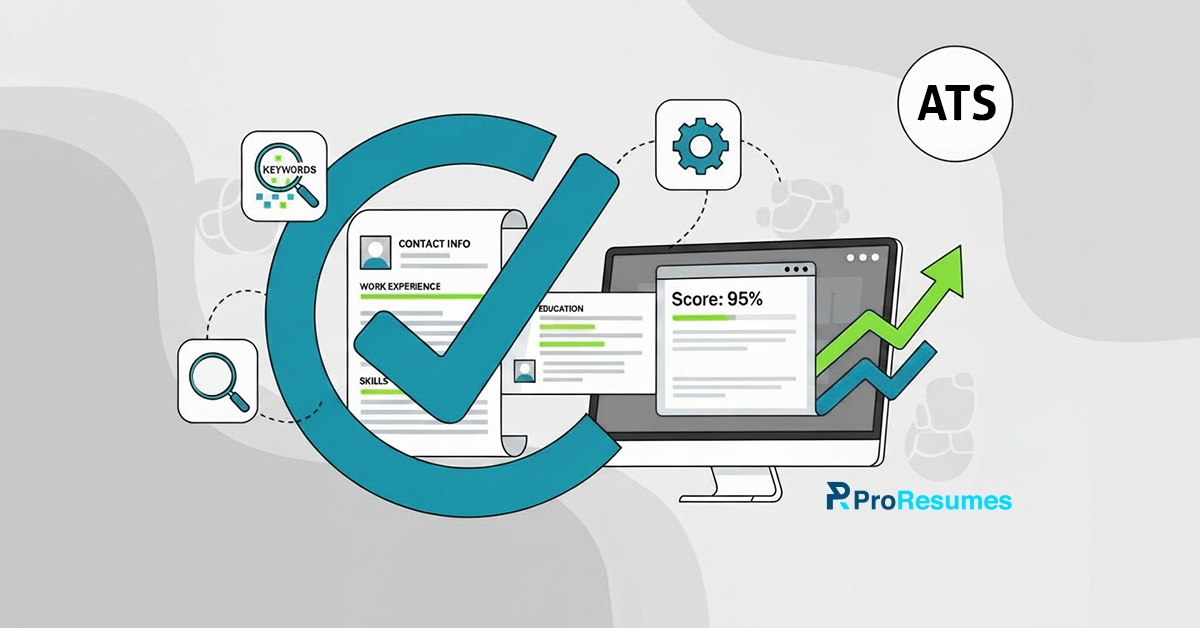 Illustration of an ATS resume scanner showing resume optimization, keyword matching, and ATS score analysis on a computer screen, with ProResumes branding.