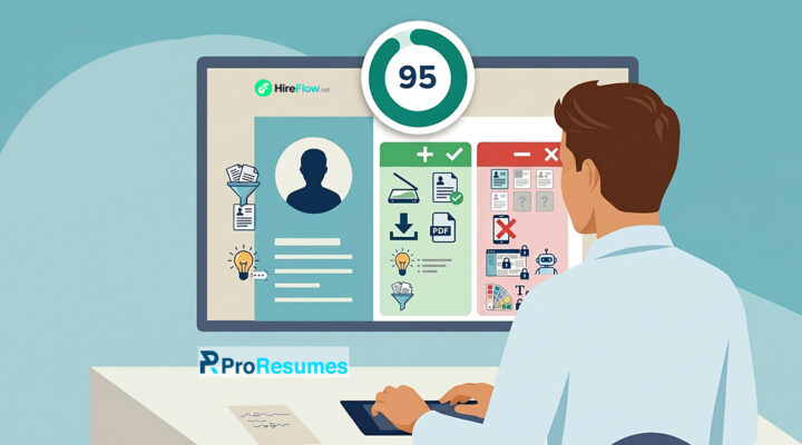 Illustration of a job seeker using the HireFlow ATS Resume Scanner on a computer screen, showing resume optimization tips, ATS-friendly formatting checks, keyword matching indicators, and a resume score of 95 with ProResumes branding.