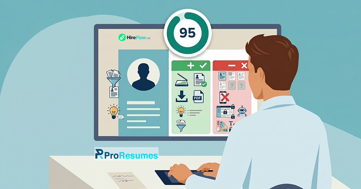 Illustration of a job seeker using the HireFlow ATS Resume Scanner on a computer screen, showing resume optimization tips, ATS-friendly formatting checks, keyword matching indicators, and a resume score of 95 with ProResumes branding.