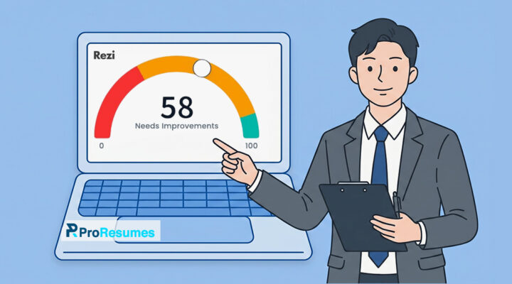 Illustration of a recruiter reviewing a resume score on the Rezi AI ATS Checker dashboard, showing a score of 58 with “Needs Improvements” status, alongside ATS resume analysis visuals and ProResumes branding.