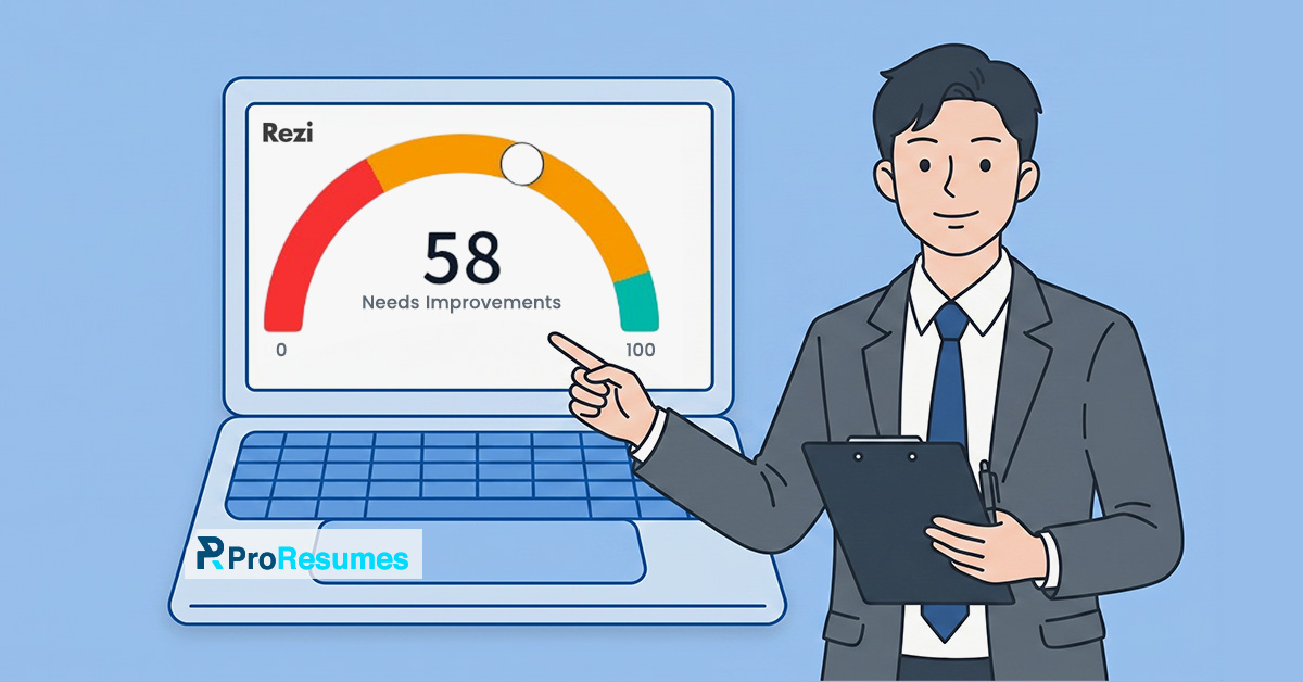 Illustration of a recruiter reviewing a resume score on the Rezi AI ATS Checker dashboard, showing a score of 58 with “Needs Improvements” status, alongside ATS resume analysis visuals and ProResumes branding.