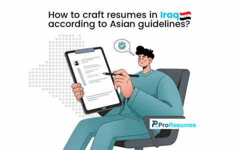 Illustration of a person sitting and reviewing a digital resume on a tablet, under the heading “How to craft resumes in Iraq according to Asian guidelines,” representing modern resume writing practices tailored to regional standards.