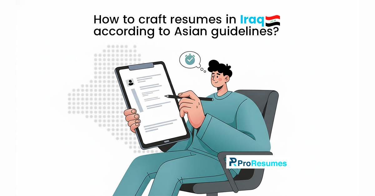 Illustration of a person sitting and reviewing a digital resume on a tablet, under the heading “How to craft resumes in Iraq according to Asian guidelines,” representing modern resume writing practices tailored to regional standards.