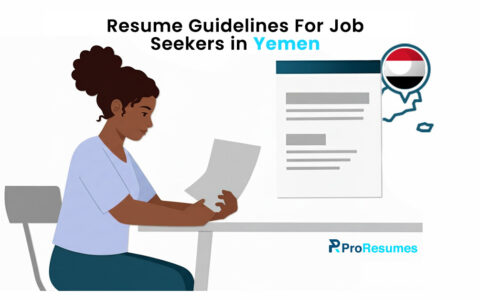 Illustration showing resume guidelines for job seekers in Yemen, featuring a professional reviewing a resume document with the Yemen flag icon and ProResumes branding on a clean background.