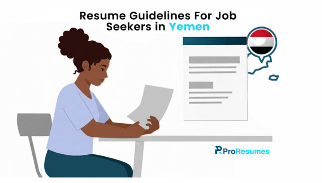 Illustration showing resume guidelines for job seekers in Yemen, featuring a professional reviewing a resume document with the Yemen flag icon and ProResumes branding on a clean background.