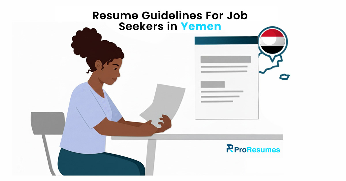 Illustration showing resume guidelines for job seekers in Yemen, featuring a professional reviewing a resume document with the Yemen flag icon and ProResumes branding on a clean background.