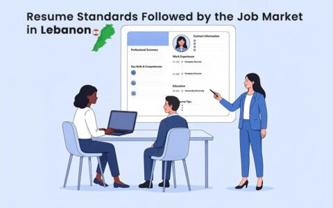 Illustration showing resume standards followed by the job market in Lebanon, featuring recruiters reviewing a professional CV template with sections for summary, skills, work experience, education, and contact information alongside the Lebanon flag.