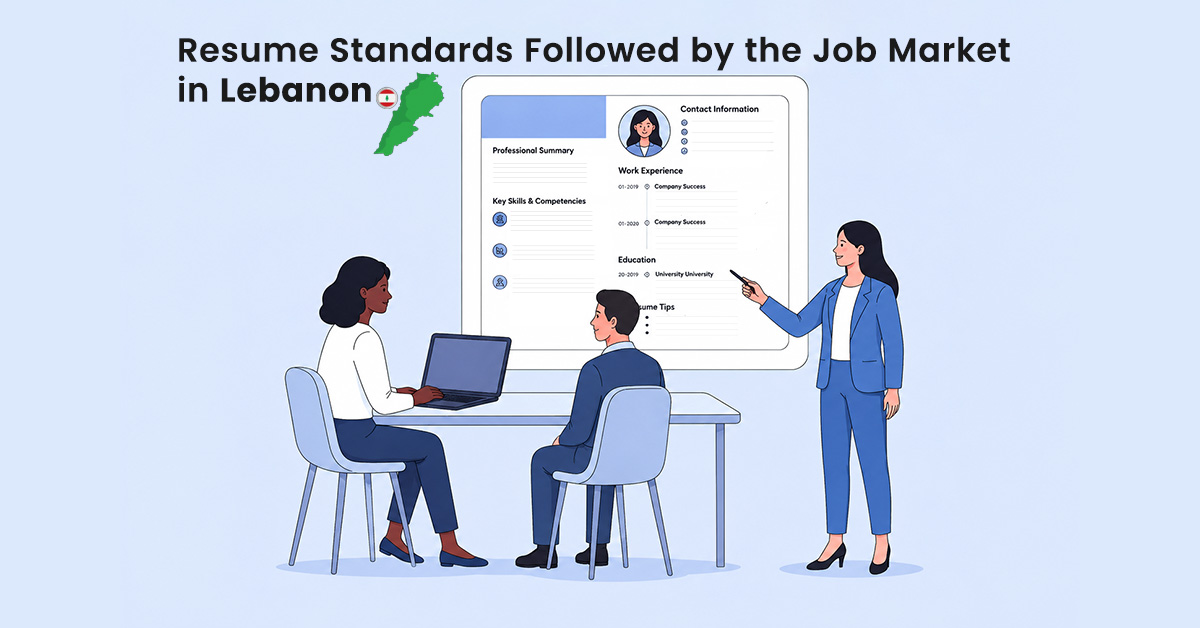 Illustration showing resume standards followed by the job market in Lebanon, featuring recruiters reviewing a professional CV template with sections for summary, skills, work experience, education, and contact information alongside the Lebanon flag.