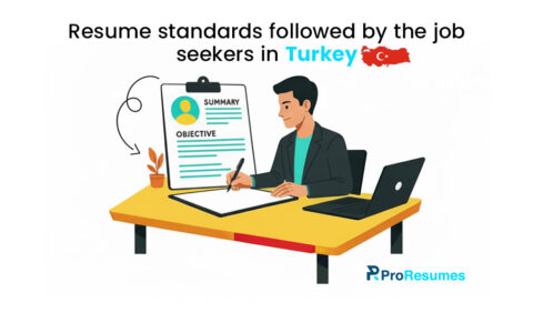 Illustration of a job seeker preparing a professional resume that follows resume standards in Turkey. The image features a resume with summary and objective sections, a laptop, the Turkish flag, and ProResumes branding, representing CV writing best practices for the Turkish job market.