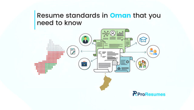 Infographic about resume standards in Oman featuring a professional resume illustration connected with icons for education, communication, skills, and employment, alongside the Oman map and ProResumes branding.
