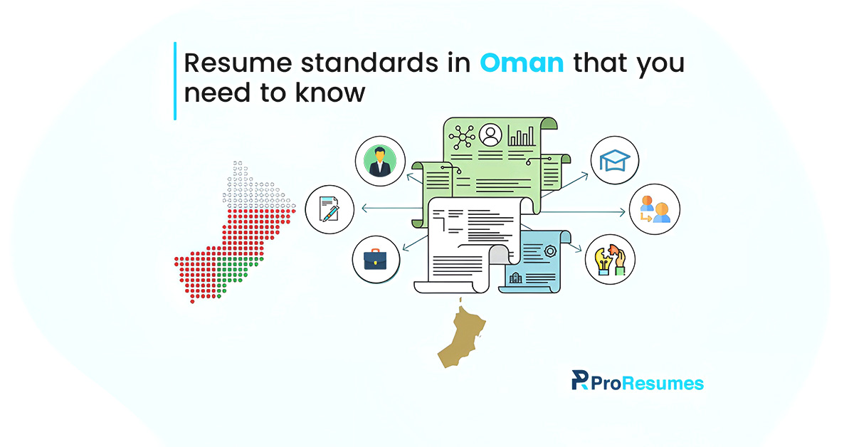 Infographic about resume standards in Oman featuring a professional resume illustration connected with icons for education, communication, skills, and employment, alongside the Oman map and ProResumes branding.