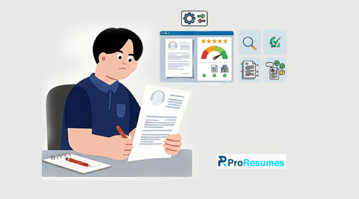Illustration of a person sitting at a desk reviewing a resume document while holding a pen. A digital dashboard on the screen displays a resume profile, ATS compatibility score meter, and optimization tools. Additional icons represent resume scanning, ATS analysis, document review, and profile verification features. The ProResumes logo appears at the bottom right corner.