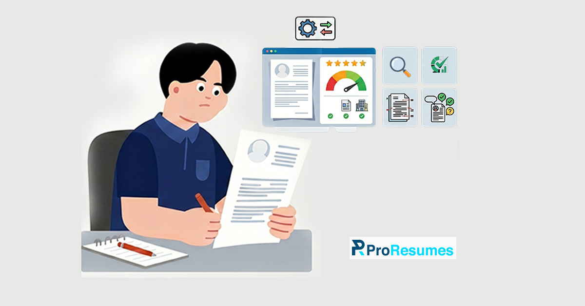 Illustration of a person sitting at a desk reviewing a resume document while holding a pen. A digital dashboard on the screen displays a resume profile, ATS compatibility score meter, and optimization tools. Additional icons represent resume scanning, ATS analysis, document review, and profile verification features. The ProResumes logo appears at the bottom right corner.