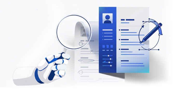 Illustration of an AI-powered Toptal Resume Checker analyzing a resume for ATS compliance, resume optimization, keyword matching, and professional resume development.