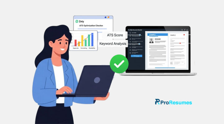 Illustration of a woman using a laptop beside the Zety ATS resume checker dashboard displaying ATS score, keyword analysis, formatting, and resume optimization features with ProResumes branding.