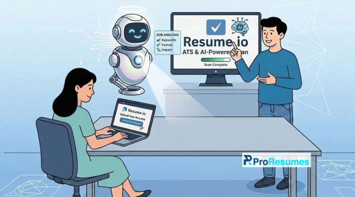 Illustration of a woman uploading her resume to Resume.io while an AI-powered ATS resume checker analyzes keywords, formatting, and resume impact on a large screen, with ProResumes branding displayed.