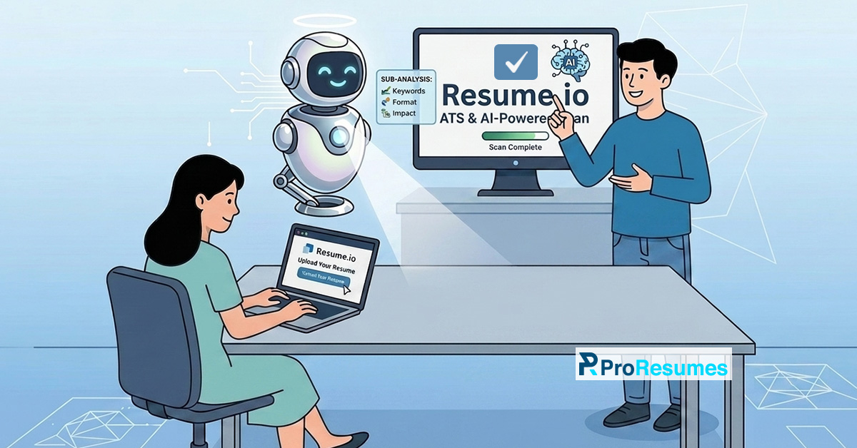 Illustration of a woman uploading her resume to Resume.io while an AI-powered ATS resume checker analyzes keywords, formatting, and resume impact on a large screen, with ProResumes branding displayed.