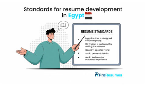 Illustration of a person presenting resume guidelines on a board titled “Standards for resume development in Egypt,” highlighting key points like chronological format, use of UK English, country-specific trends, and avoiding personal or outdated information.
