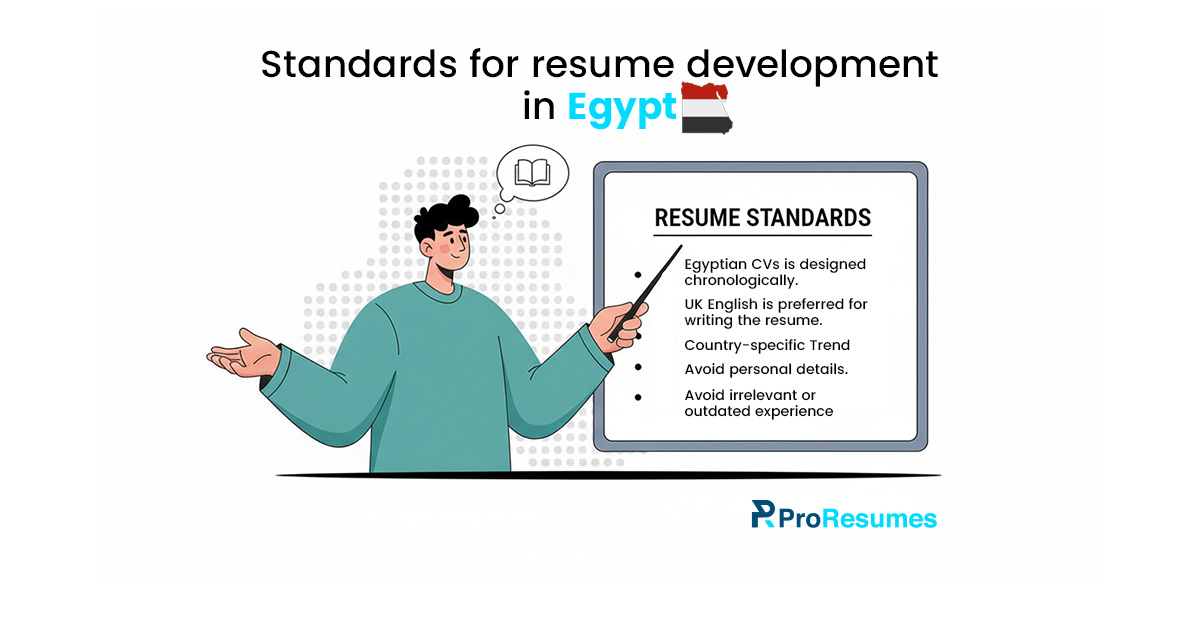 Illustration of a person presenting resume guidelines on a board titled “Standards for resume development in Egypt,” highlighting key points like chronological format, use of UK English, country-specific trends, and avoiding personal or outdated information.