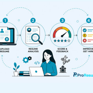 Illustration showing a four-step resume optimization process for UseResme. Step 1: Upload Resume (resume document displayed on a laptop). Step 2: Resume Analysis (resume reviewed with a magnifying glass). Step 3: Score & Feedback (performance gauge with star rating). Step 4: Improve & Get Hired (checklist with improvement indicators). A person is shown working on a laptop below the process flow, with arrows connecting each step. ProResumes logo appears in the bottom right corner.