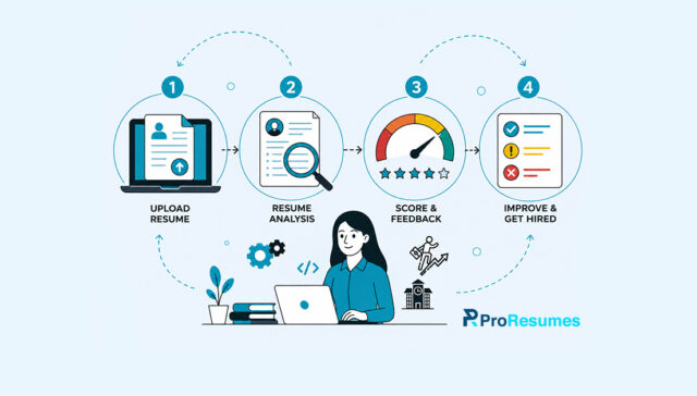 Illustration showing a four-step resume optimization process for UseResme. Step 1: Upload Resume (resume document displayed on a laptop). Step 2: Resume Analysis (resume reviewed with a magnifying glass). Step 3: Score & Feedback (performance gauge with star rating). Step 4: Improve & Get Hired (checklist with improvement indicators). A person is shown working on a laptop below the process flow, with arrows connecting each step. ProResumes logo appears in the bottom right corner.