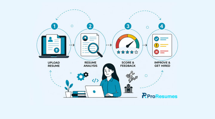 Illustration showing a four-step resume optimization process for UseResme. Step 1: Upload Resume (resume document displayed on a laptop). Step 2: Resume Analysis (resume reviewed with a magnifying glass). Step 3: Score & Feedback (performance gauge with star rating). Step 4: Improve & Get Hired (checklist with improvement indicators). A person is shown working on a laptop below the process flow, with arrows connecting each step. ProResumes logo appears in the bottom right corner.