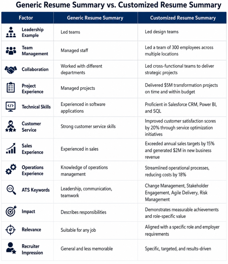 Side-by-side comparison of Generic Resume Summary and Customized Resume Summary examples. The infographic demonstrates how generic statements such as "Led teams" and "Managed projects" can be transformed into targeted achievements like "Led design teams," "Led cross-functional teams," "Managed a team of 300 employees," and "Delivered $5M transformation projects," showcasing the value of role-specific and results-driven resume content.