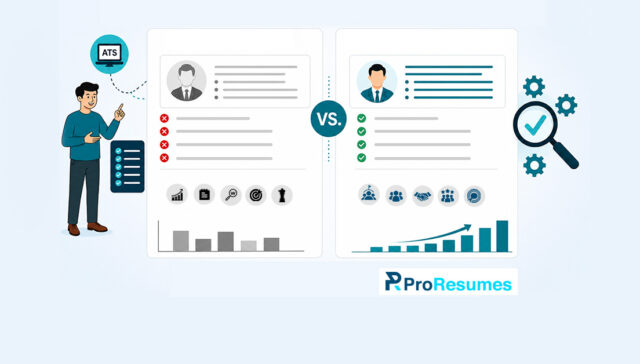 Illustration comparing a generic resume and an ATS-optimized customized resume. The left side shows a resume with red error indicators, limited achievements, and lower performance metrics, representing a generic application. The right side displays a professionally tailored resume with green check marks, highlighted skills, stronger qualifications, and an upward growth chart, representing an ATS-friendly customized resume. A “VS.” symbol separates the two resumes, with ATS and recruitment-related icons emphasizing resume optimization and improved job application success. The ProResumes logo appears at the bottom.