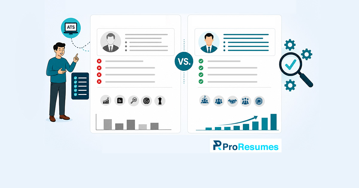Illustration comparing a generic resume and an ATS-optimized customized resume. The left side shows a resume with red error indicators, limited achievements, and lower performance metrics, representing a generic application. The right side displays a professionally tailored resume with green check marks, highlighted skills, stronger qualifications, and an upward growth chart, representing an ATS-friendly customized resume. A “VS.” symbol separates the two resumes, with ATS and recruitment-related icons emphasizing resume optimization and improved job application success. The ProResumes logo appears at the bottom.