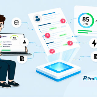 Illustration of a job seeker using a laptop displaying a Huntr ATS resume score of 82. The image visualizes an AI-powered resume optimization process, showing a resume being analyzed and improved through keyword matching, content quality enhancements, and impact-driven recommendations. A dashboard on the right highlights an ATS score of 85/100, representing improved applicant tracking system compatibility. Icons for AI, analytics, optimization, and document editing surround the workflow. The ProResumes logo appears in the bottom-right corner, reinforcing professional resume review and ATS optimization services.