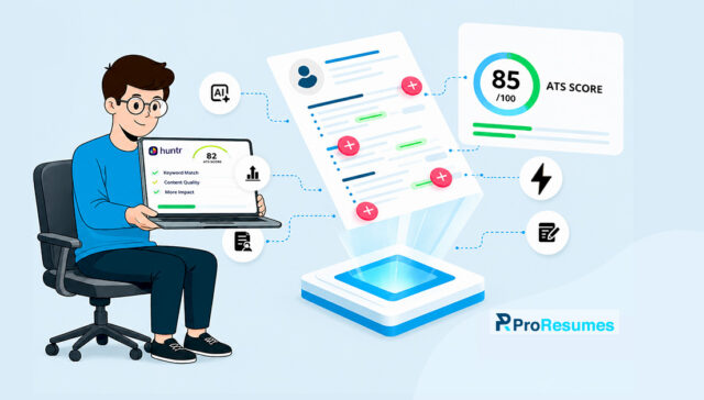 Illustration of a job seeker using a laptop displaying a Huntr ATS resume score of 82. The image visualizes an AI-powered resume optimization process, showing a resume being analyzed and improved through keyword matching, content quality enhancements, and impact-driven recommendations. A dashboard on the right highlights an ATS score of 85/100, representing improved applicant tracking system compatibility. Icons for AI, analytics, optimization, and document editing surround the workflow. The ProResumes logo appears in the bottom-right corner, reinforcing professional resume review and ATS optimization services.