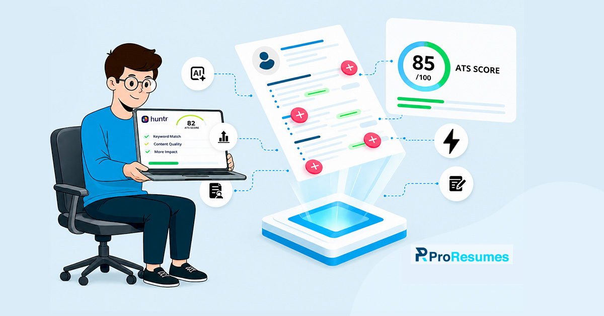 Illustration of a job seeker using a laptop displaying a Huntr ATS resume score of 82. The image visualizes an AI-powered resume optimization process, showing a resume being analyzed and improved through keyword matching, content quality enhancements, and impact-driven recommendations. A dashboard on the right highlights an ATS score of 85/100, representing improved applicant tracking system compatibility. Icons for AI, analytics, optimization, and document editing surround the workflow. The ProResumes logo appears in the bottom-right corner, reinforcing professional resume review and ATS optimization services.