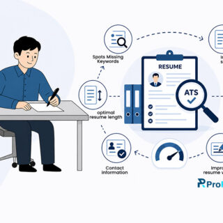 Illustration of a person writing at a desk beside an ATS resume score analysis graphic. The image highlights resume optimization features including spotting missing keywords, creating an impactful summary, fixing resume formatting, improving resume wording, optimizing resume length, and updating contact information. A resume document with an ATS checkmark and score gauge appears in the center alongside ProResumes branding.