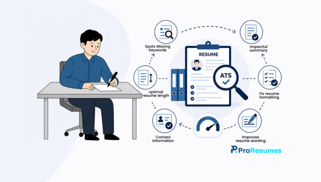 Illustration of a person writing at a desk beside an ATS resume score analysis graphic. The image highlights resume optimization features including spotting missing keywords, creating an impactful summary, fixing resume formatting, improving resume wording, optimizing resume length, and updating contact information. A resume document with an ATS checkmark and score gauge appears in the center alongside ProResumes branding.