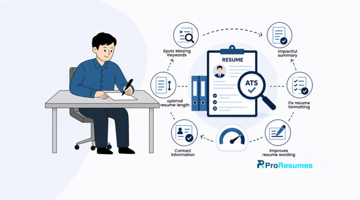 Illustration of a person writing at a desk beside an ATS resume score analysis graphic. The image highlights resume optimization features including spotting missing keywords, creating an impactful summary, fixing resume formatting, improving resume wording, optimizing resume length, and updating contact information. A resume document with an ATS checkmark and score gauge appears in the center alongside ProResumes branding.