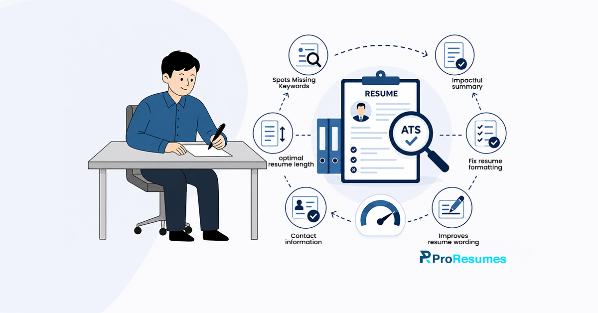 Illustration of a person writing at a desk beside an ATS resume score analysis graphic. The image highlights resume optimization features including spotting missing keywords, creating an impactful summary, fixing resume formatting, improving resume wording, optimizing resume length, and updating contact information. A resume document with an ATS checkmark and score gauge appears in the center alongside ProResumes branding.