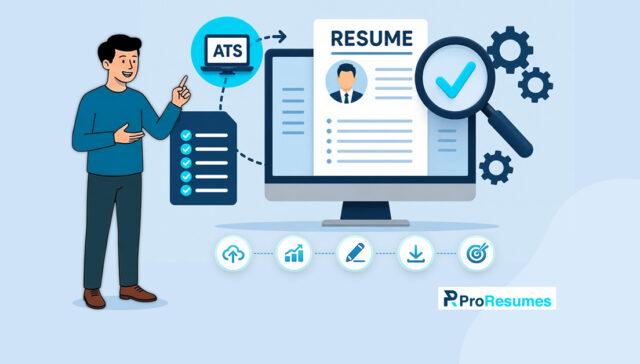Illustration of an ATS resume review process featuring a job seeker standing beside a checklist and an ATS icon. A resume is displayed on a computer monitor with a magnifying glass highlighting a verification checkmark, symbolizing resume analysis, ATS compatibility checks, and optimization. Supporting icons represent document uploads, performance analytics, resume editing, downloads, and job application success. Gears in the background emphasize automation and system processing. The ProResumes logo is displayed in the bottom-right corner, highlighting professional resume review and ATS score improvement services.
