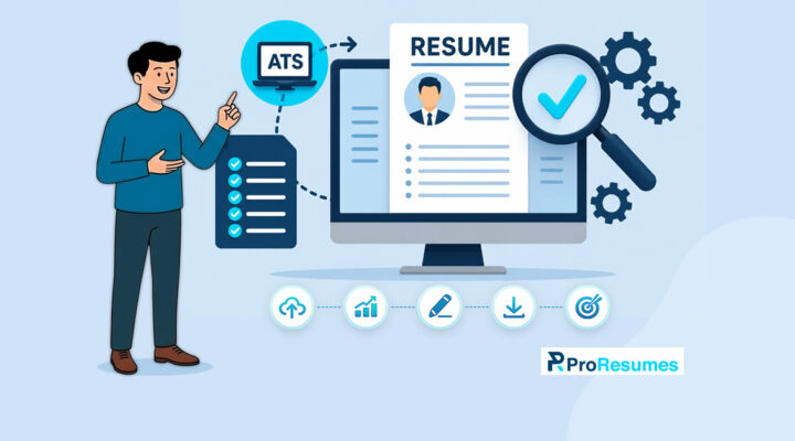 Illustration of an ATS resume review process featuring a job seeker standing beside a checklist and an ATS icon. A resume is displayed on a computer monitor with a magnifying glass highlighting a verification checkmark, symbolizing resume analysis, ATS compatibility checks, and optimization. Supporting icons represent document uploads, performance analytics, resume editing, downloads, and job application success. Gears in the background emphasize automation and system processing. The ProResumes logo is displayed in the bottom-right corner, highlighting professional resume review and ATS score improvement services.