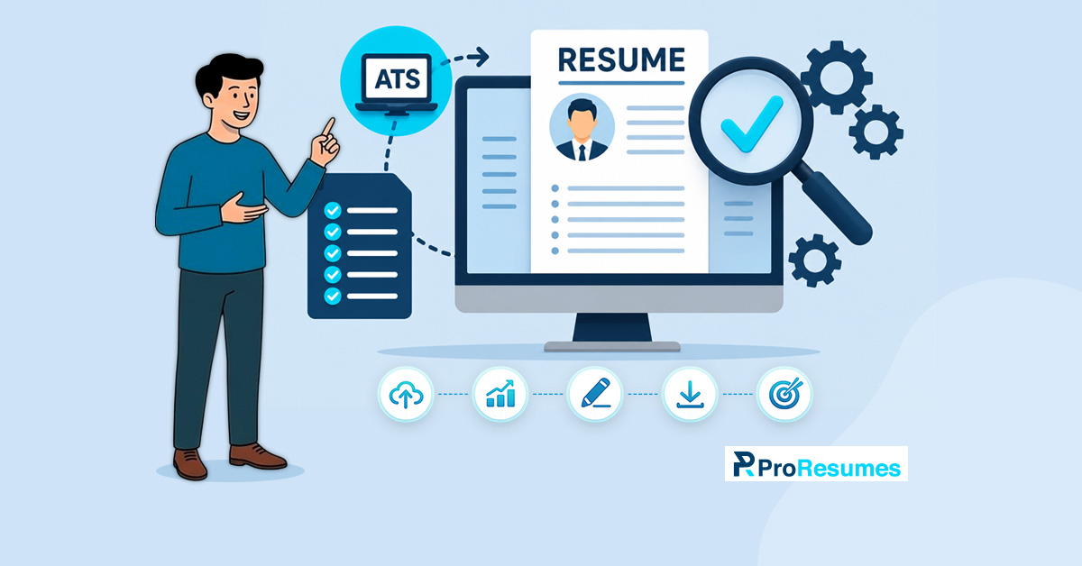 Illustration of an ATS resume review process featuring a job seeker standing beside a checklist and an ATS icon. A resume is displayed on a computer monitor with a magnifying glass highlighting a verification checkmark, symbolizing resume analysis, ATS compatibility checks, and optimization. Supporting icons represent document uploads, performance analytics, resume editing, downloads, and job application success. Gears in the background emphasize automation and system processing. The ProResumes logo is displayed in the bottom-right corner, highlighting professional resume review and ATS score improvement services.