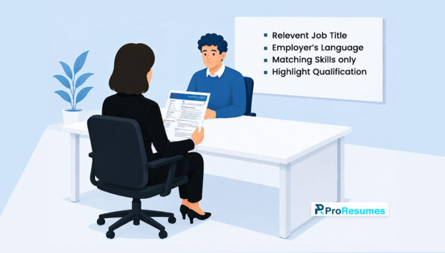 Job seeker presenting a tailored resume during an interview, highlighting relevant job title, employer language, matching skills, and qualifications for ATS optimization.