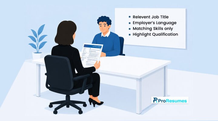 Job seeker presenting a tailored resume during an interview, highlighting relevant job title, employer language, matching skills, and qualifications for ATS optimization.