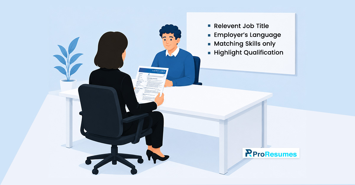 Job seeker presenting a tailored resume during an interview, highlighting relevant job title, employer language, matching skills, and qualifications for ATS optimization.