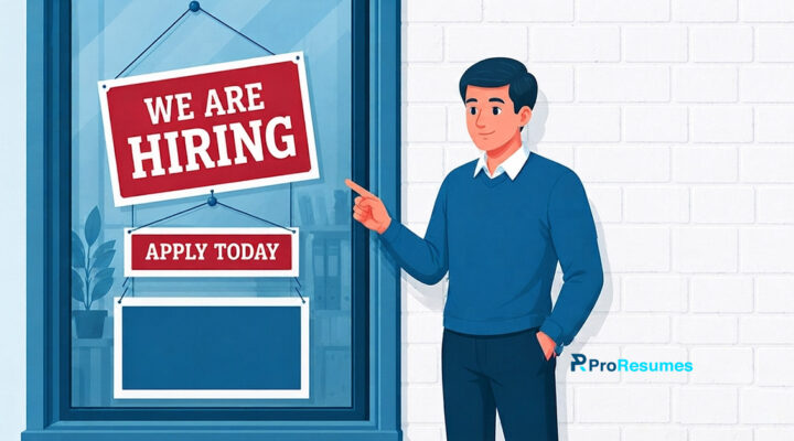 Careers that perform well in ATS searches illustrated with a job seeker pointing to a "We're Hiring" sign, representing ATS-friendly jobs, recruitment, and career opportunities.