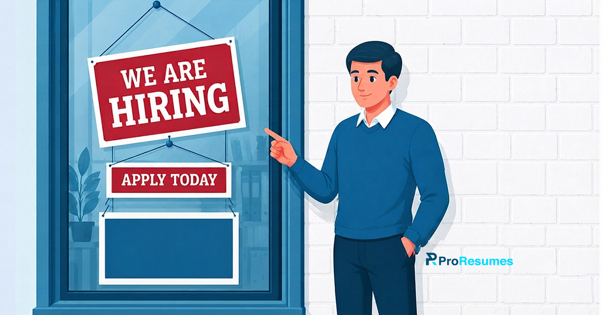 Careers that perform well in ATS searches illustrated with a job seeker pointing to a "We're Hiring" sign, representing ATS-friendly jobs, recruitment, and career opportunities.