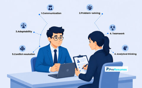 Competency-based interview illustration showing communication, problem-solving, teamwork, adaptability, and analytical skills.