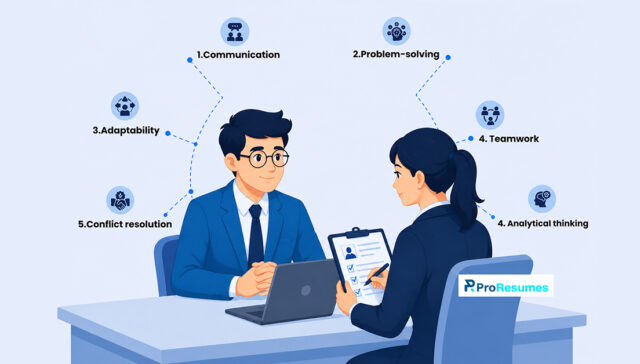 Competency-based interview illustration showing communication, problem-solving, teamwork, adaptability, and analytical skills.