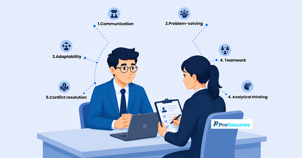 Competency-based interview illustration showing communication, problem-solving, teamwork, adaptability, and analytical skills.