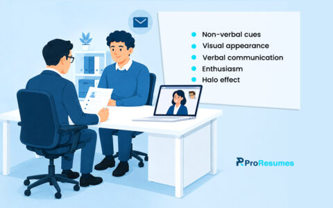 Job interview illustration showing tips for making a good interview impression, including communication, appearance, and enthusiasm.