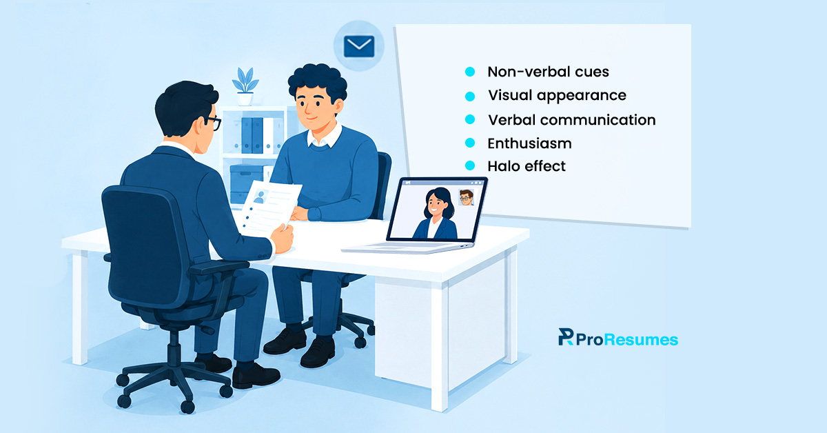 Job interview illustration showing tips for making a good interview impression, including communication, appearance, and enthusiasm.